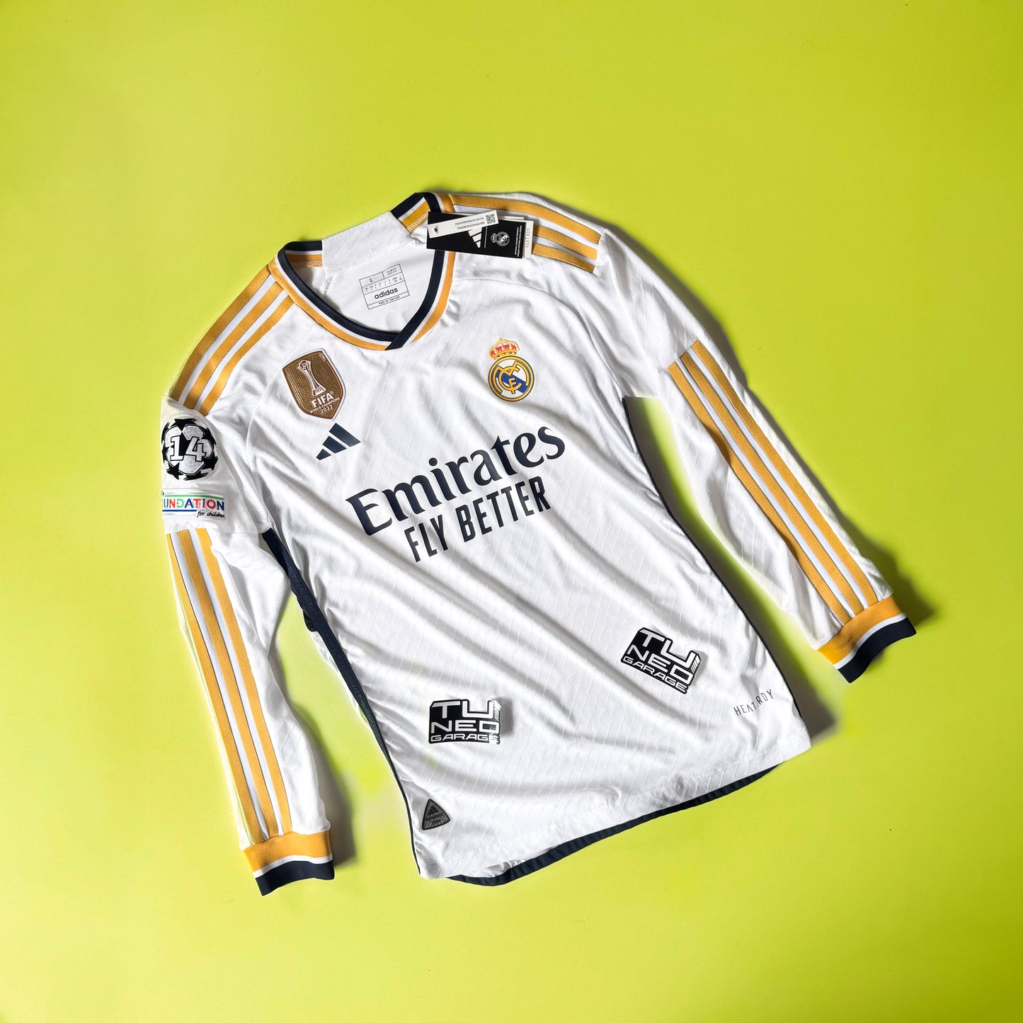 REAL MADRID HOME JERSEY 2023/24 LONG SLEEVE AUTENTHIC + PATCHES CUSTOM ANGEL